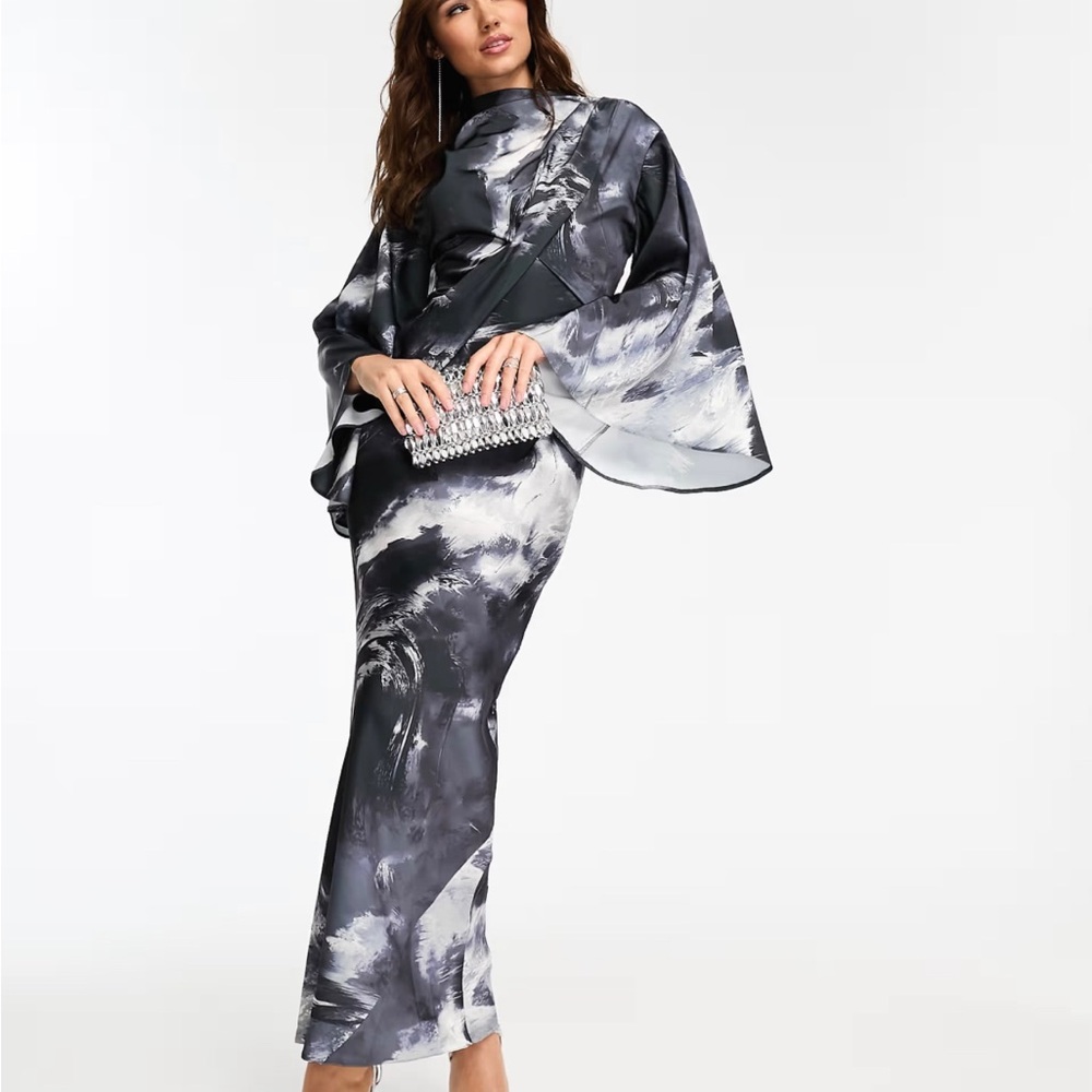 ASOS satin wrap maxi dress with drape bodice and kimono sleeve in abstract print